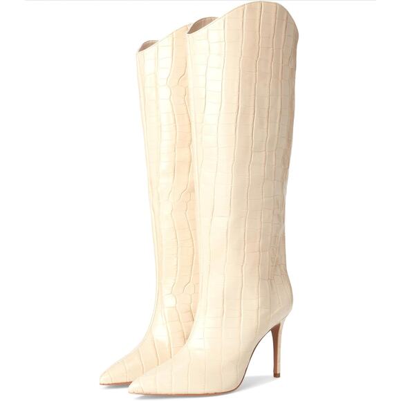 SCHUTZ Womens Maryana High Heel Boots US 8 Cream WIDE CALF Leather Croc NIB - Picture 1 of 12